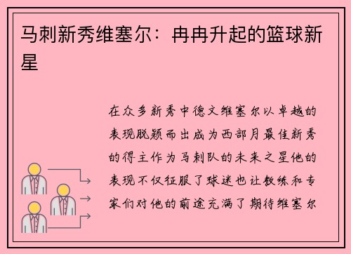 马刺新秀维塞尔：冉冉升起的篮球新星