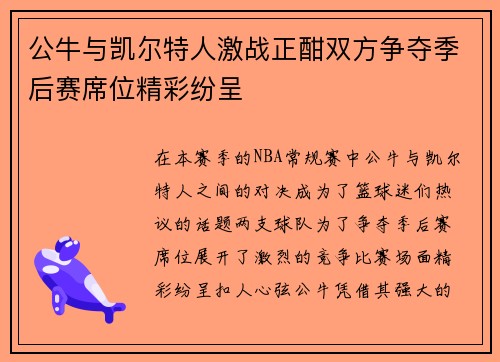 公牛与凯尔特人激战正酣双方争夺季后赛席位精彩纷呈